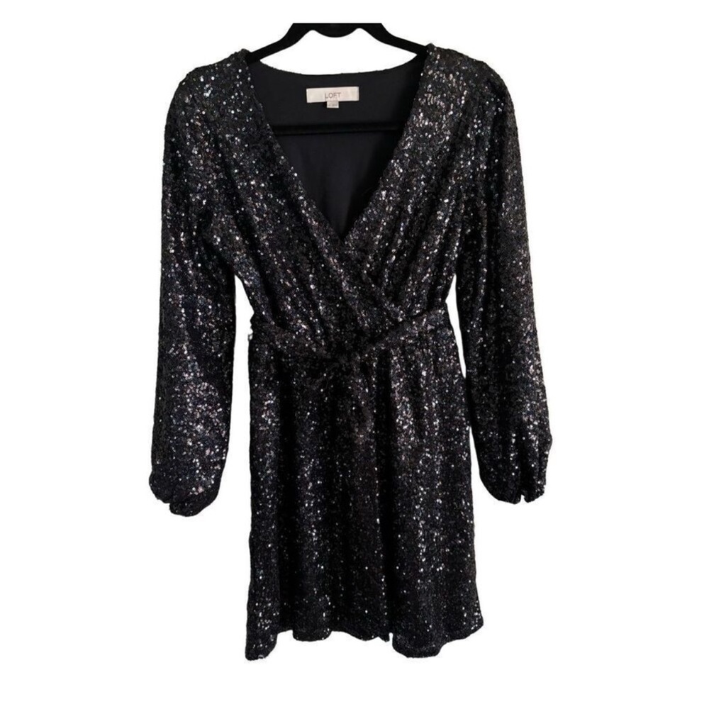 Women's Loft Black All Over Sequin Faux Wrap Dress SZ 4P Waist Tie Date Night